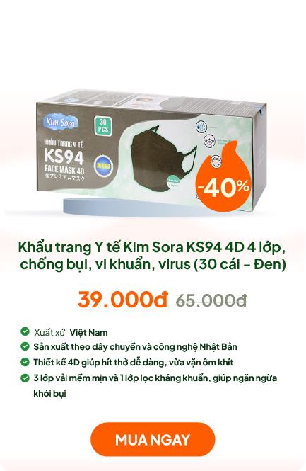 Khẩu trang Y tế Kim Sora KS94 4D 4 lớp, chống bụi, vi khuẩn, virus (30 cái - Đen)